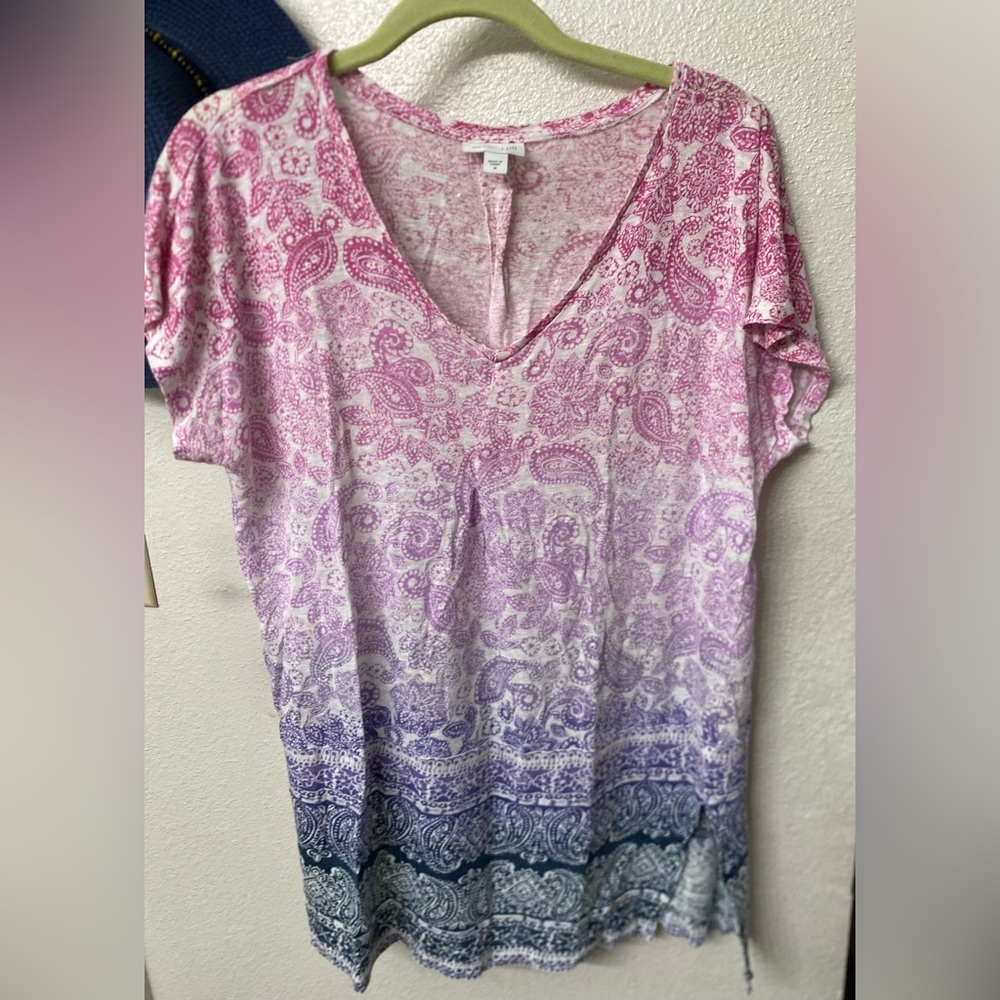 J. Jill Pink to Blue Ombre Paisley Short-Sleeve Tunic Blouse - Picture 2 of 5